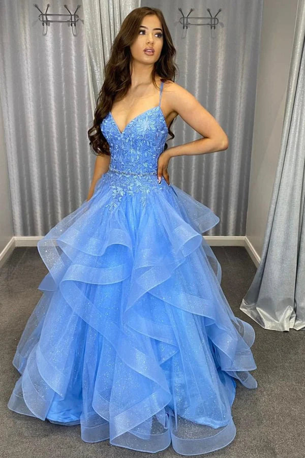 Blue Tulle Layers Long Formal Dress V-Neck Spaghetti Straps Evening Party Dress